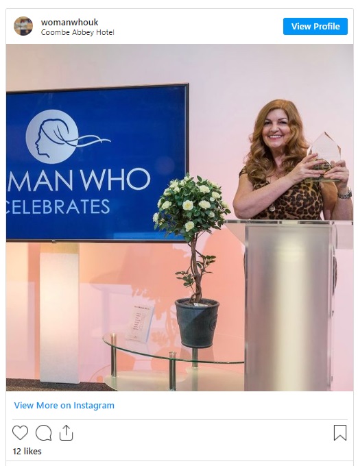 Sandra Garlick wearing mantra Necklace at Woman Who Awards